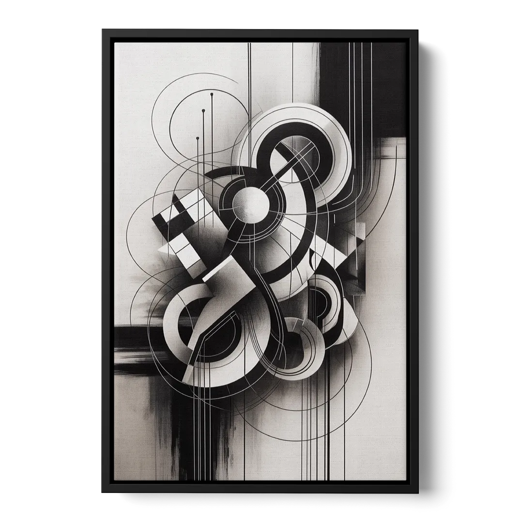 Timeless Geometric Fluidity Black and White Abstract - Black Frame Canvas