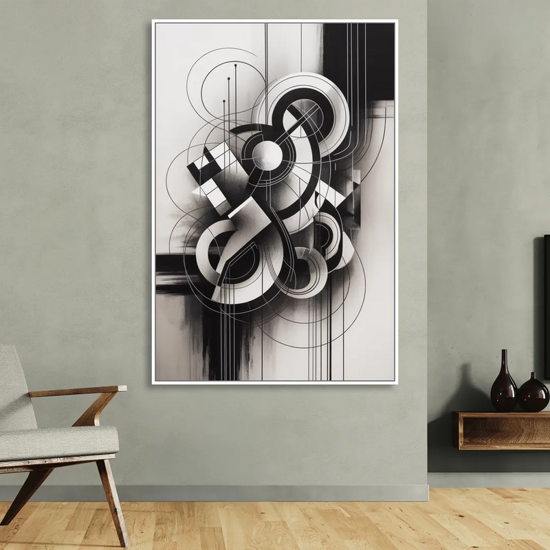 Timeless Geometric Fluidity Black and White Abstract Living Room - White Canvas Wall Art