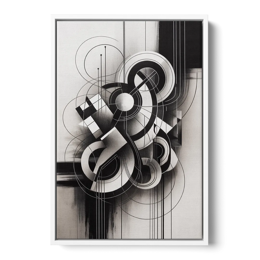 Timeless Geometric Fluidity Black and White Abstract - White Frame Canvas