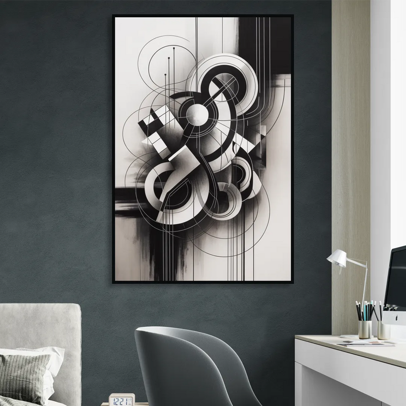 Timeless Geometric Fluidity Black and White Abstract Living Room - Black Canvas Wall Art