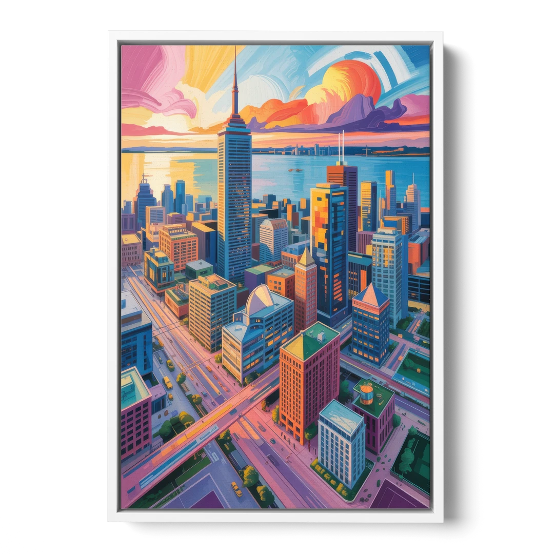 Toronto Financial District - White Framed Canvas Wall Art - Front