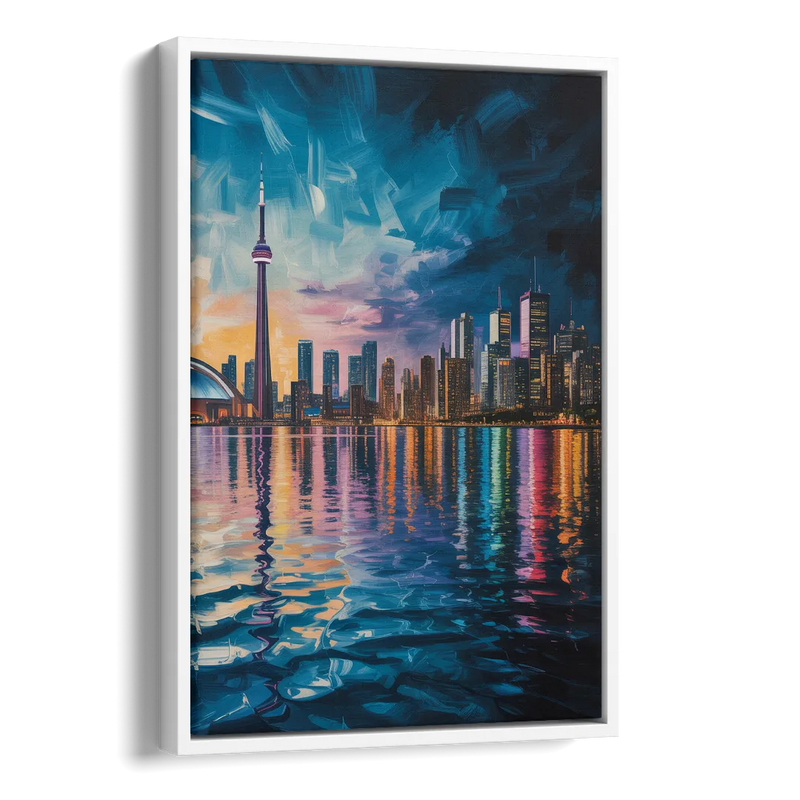 Toronto Skyline at Night Watercolor Side - White Canvas Wall Art