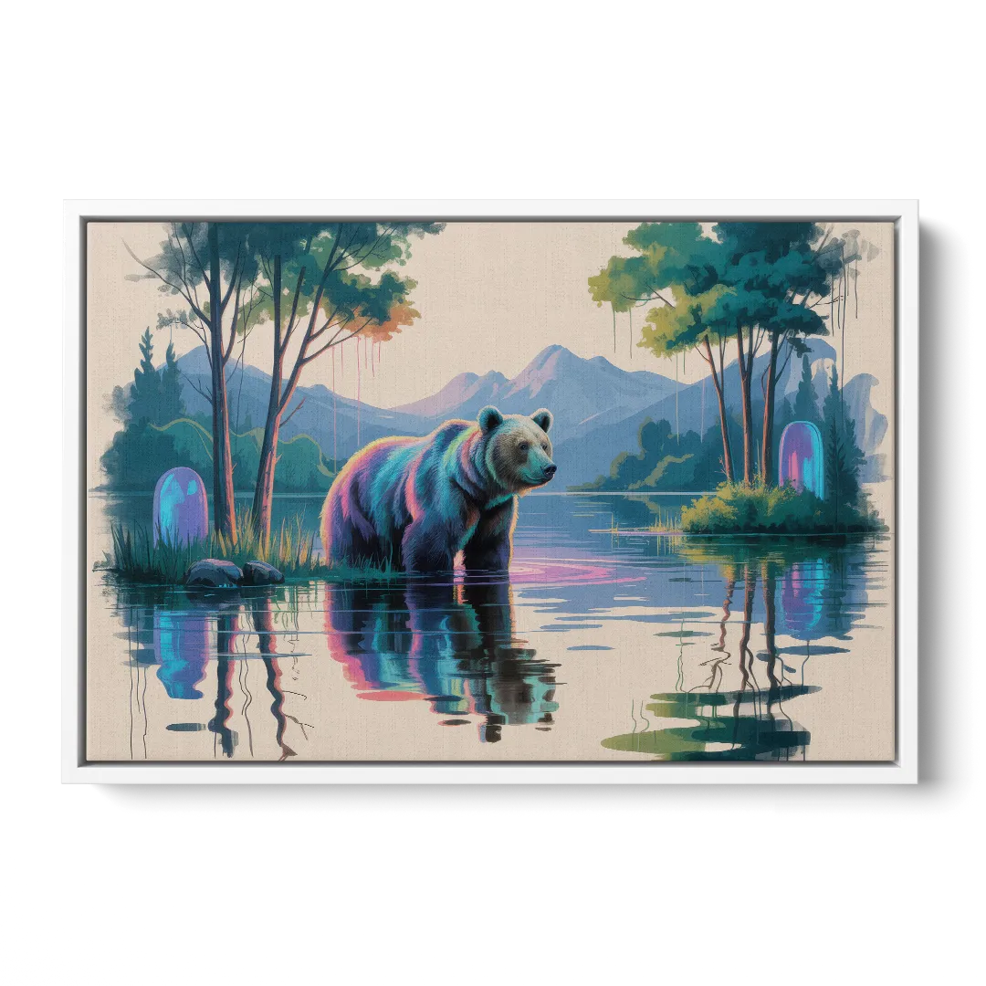 Tranquil Bear by the Lake - White Frame Canvas