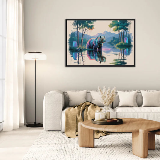 Tranquil Bear by the Lake - Living Room Black Frame Canvas