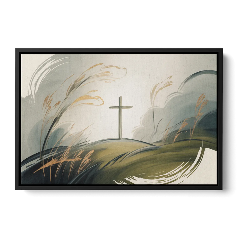 Tranquil Cross Minimalist Christian Front - Black Canvas Wall Art
