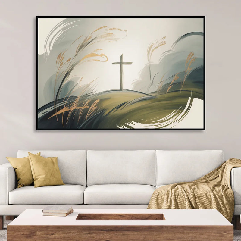 Tranquil Cross Minimalist Christian Living Room - Black Canvas Wall Art