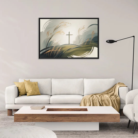 Tranquil Cross Minimalist Christian - Living Room Black Frame Canvas