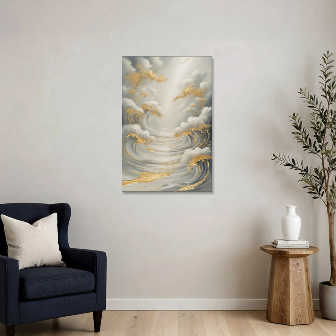 Tranquil Elegance in White and Gold - Canvas Wall Art - Sofa - 24x36