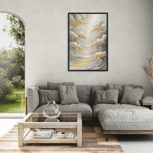 Tranquil Elegance in White and Gold - Living Room Black Frame Canvas