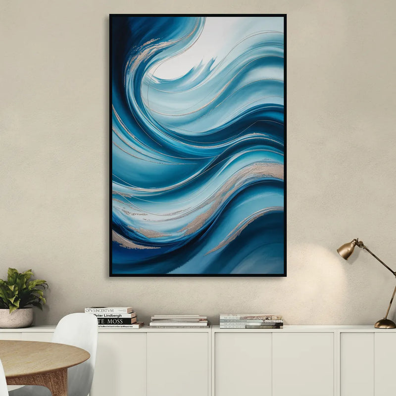 Tranquil Oceanic Movement Blue Abstract Sitting Room - Black Canvas Wall Art
