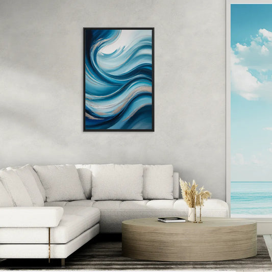 Tranquil Oceanic Movement Blue Abstract - Living Room Black Frame Canvas