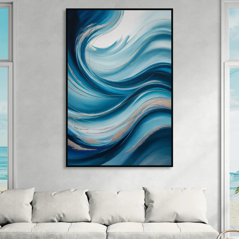 Tranquil Oceanic Movement Blue Abstract Living Room - Black Canvas Wall Art