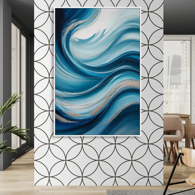 Tranquil Oceanic Movement Blue Abstract Living Room - White Canvas Wall Art