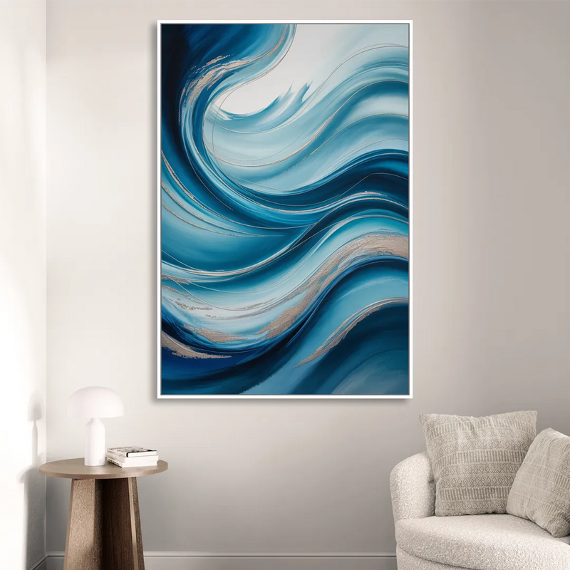 Tranquil Oceanic Movement Blue Abstract Sitting Room - White Canvas Wall Art