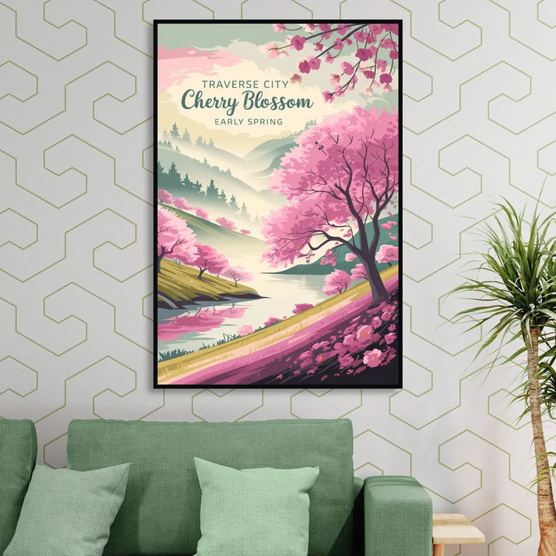Traverse City Cherry Blossom Landscape Living Room - Black Canvas Wall Art