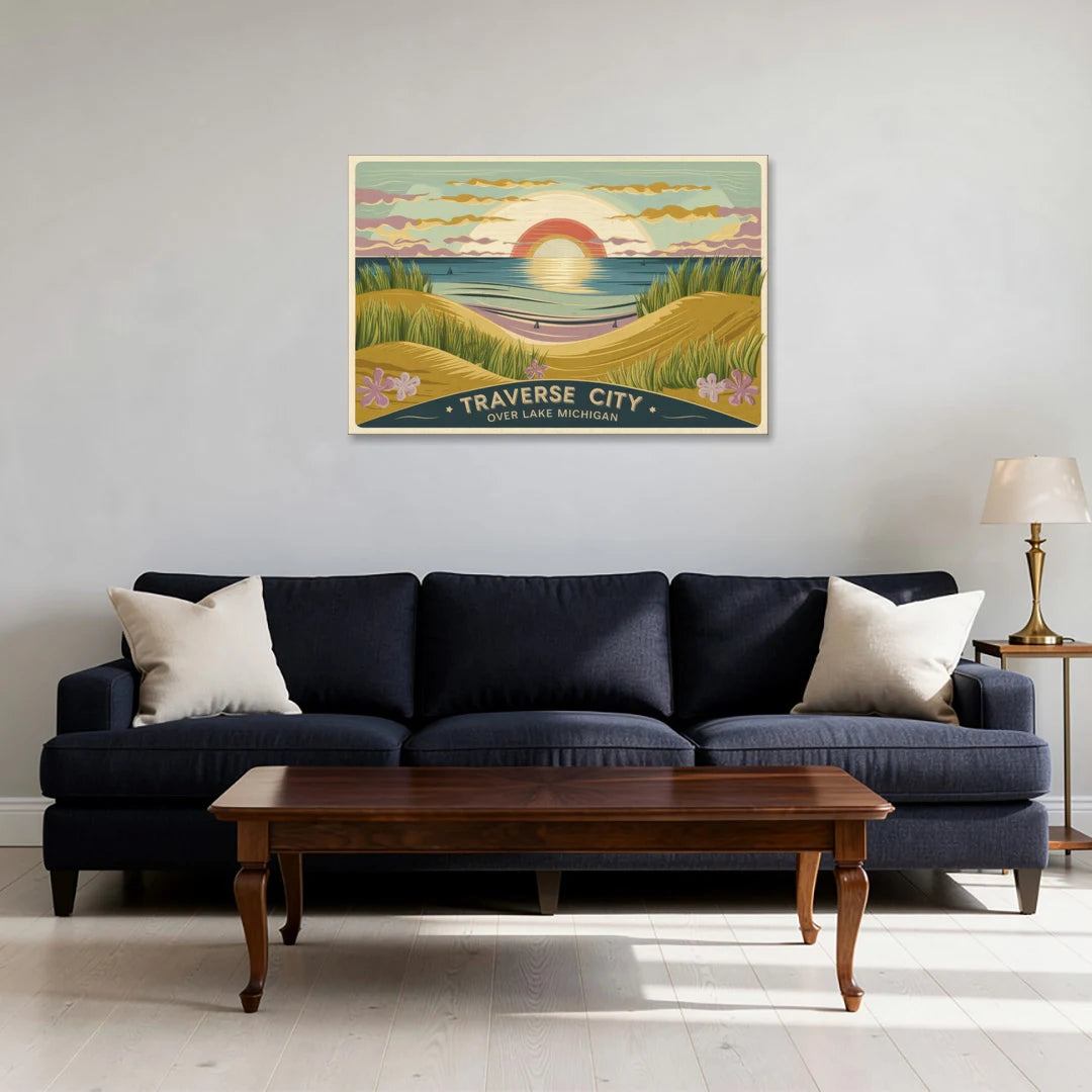 Traverse City Sunset Over Lake Michigan - Canvas Wall Art - Sofa - 36x24