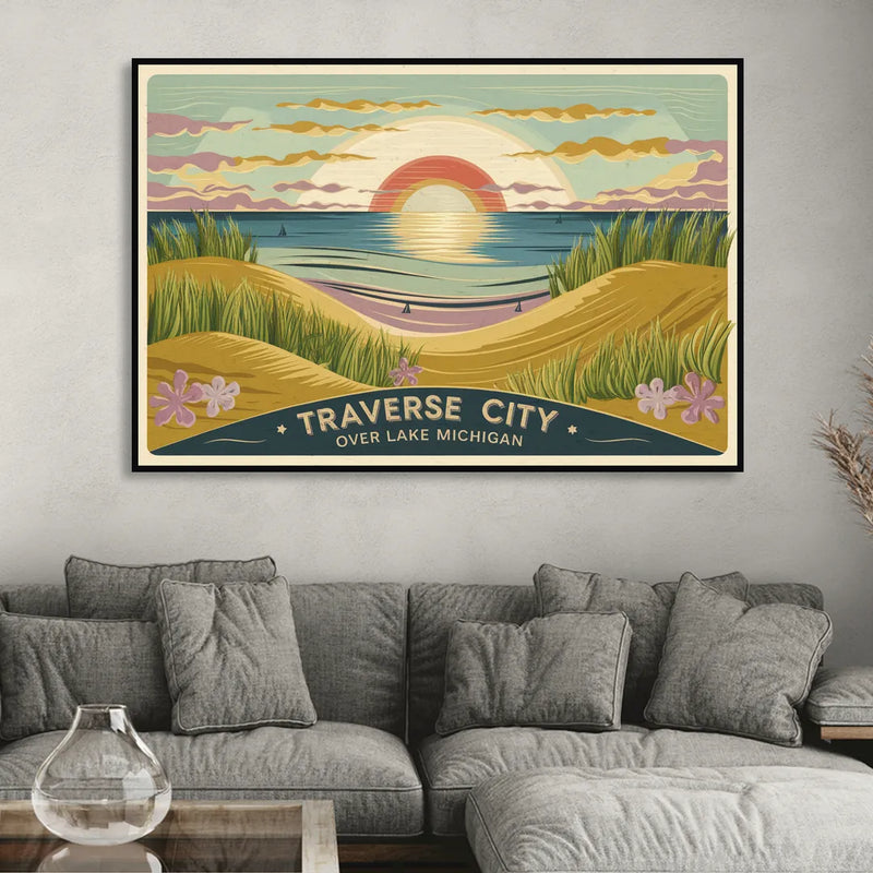 Traverse City Sunset Over Lake Michigan Living Room - Black Canvas Wall Art
