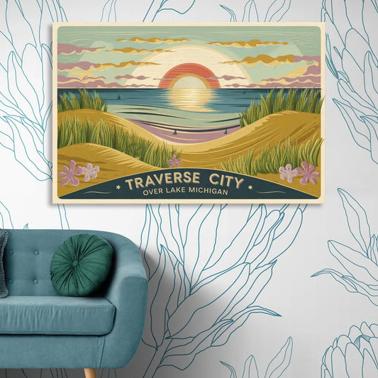 Traverse City Sunset Over Lake Michigan Living Room - Canvas Wall Art