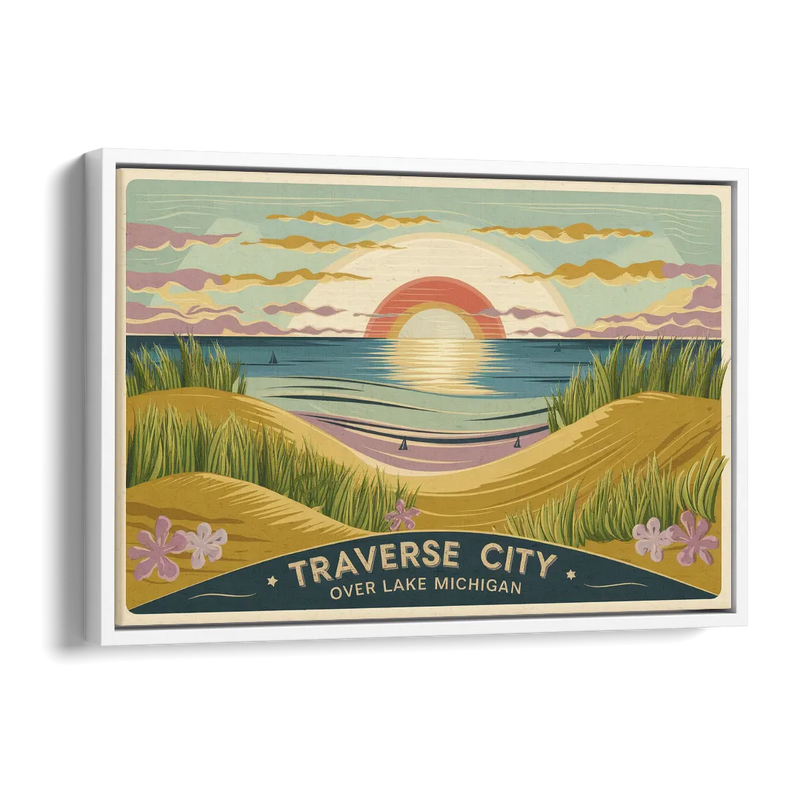 Traverse City Sunset Over Lake Michigan Side - White Canvas Wall Art