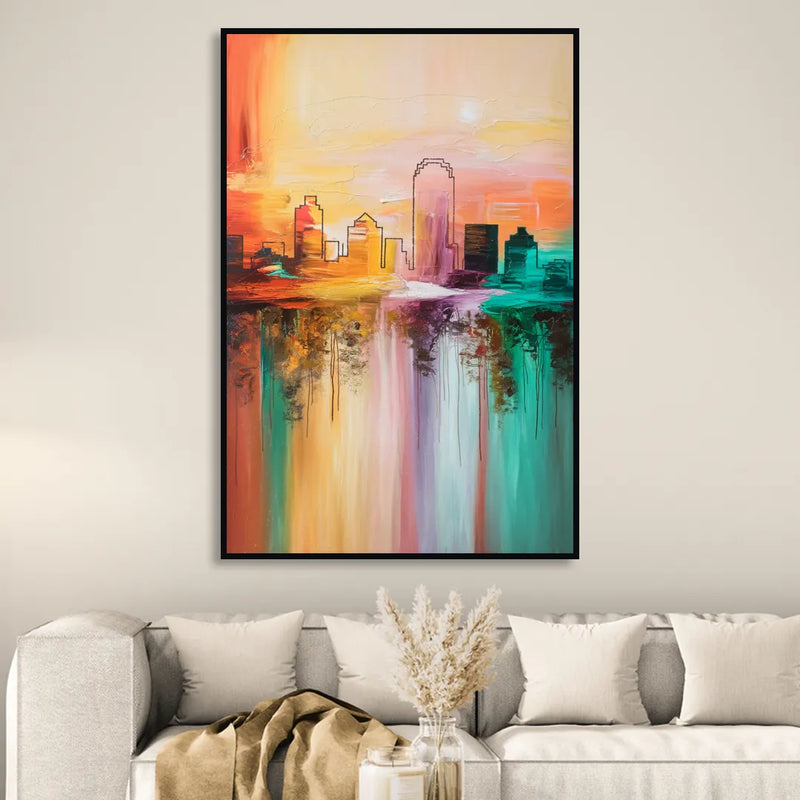 Tulsa Skyline Sunset Living Room - Black Canvas Wall Art