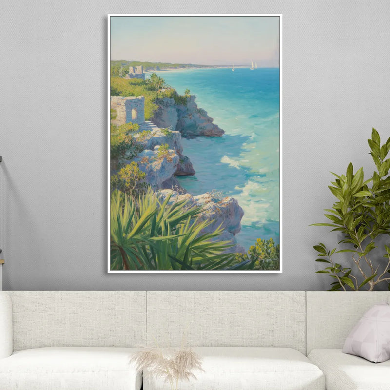 Tulum Cliff Ruins Living Room - White Canvas Wall Art