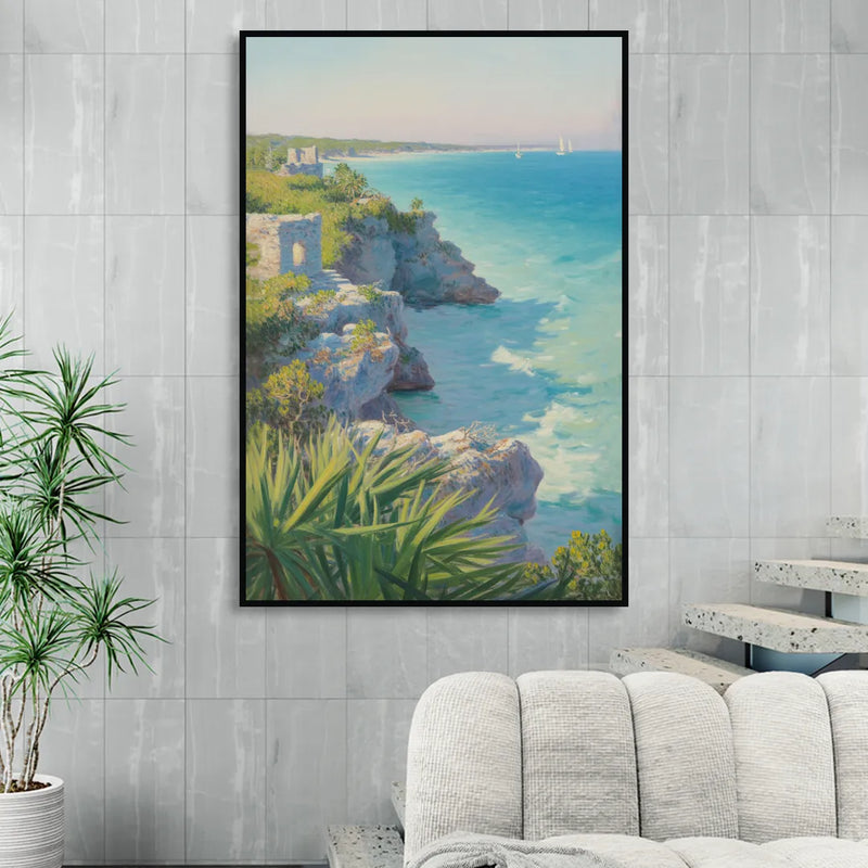 Tulum Cliff Ruins Living Room - Black Canvas Wall Art