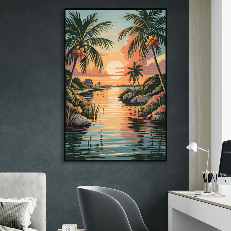 Tulum Lagoon Sunset Sitting Room - Black Canvas Wall Art