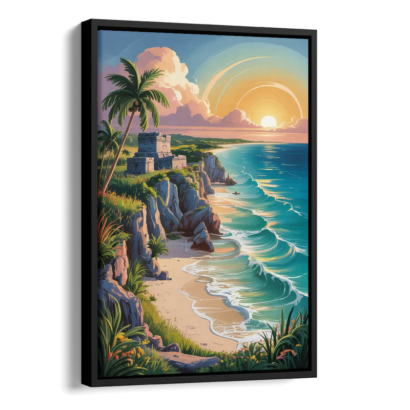 Tulum Sunrise Coast Side - Black Canvas Wall Art