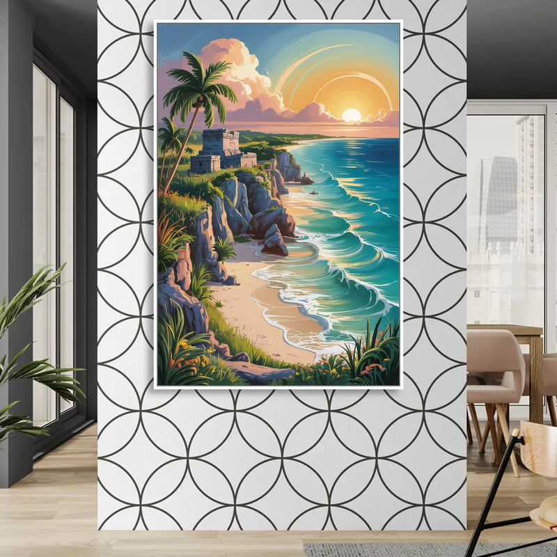 Tulum Sunrise Coast Sitting Room - White Canvas Wall Art