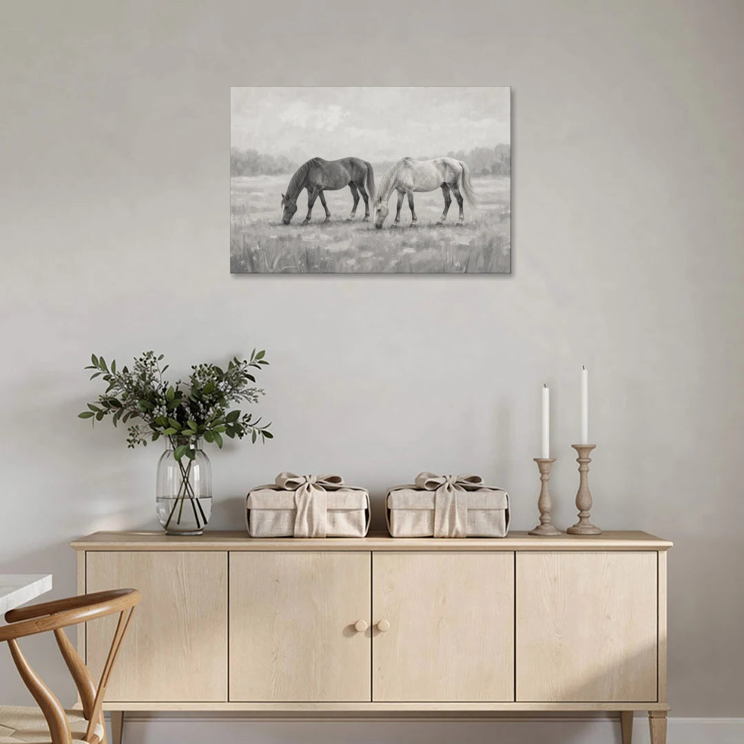 Two Horses Grazing in Misty Pasture in Black and White - Canvas Wall Art - Coffee Table - 36x24