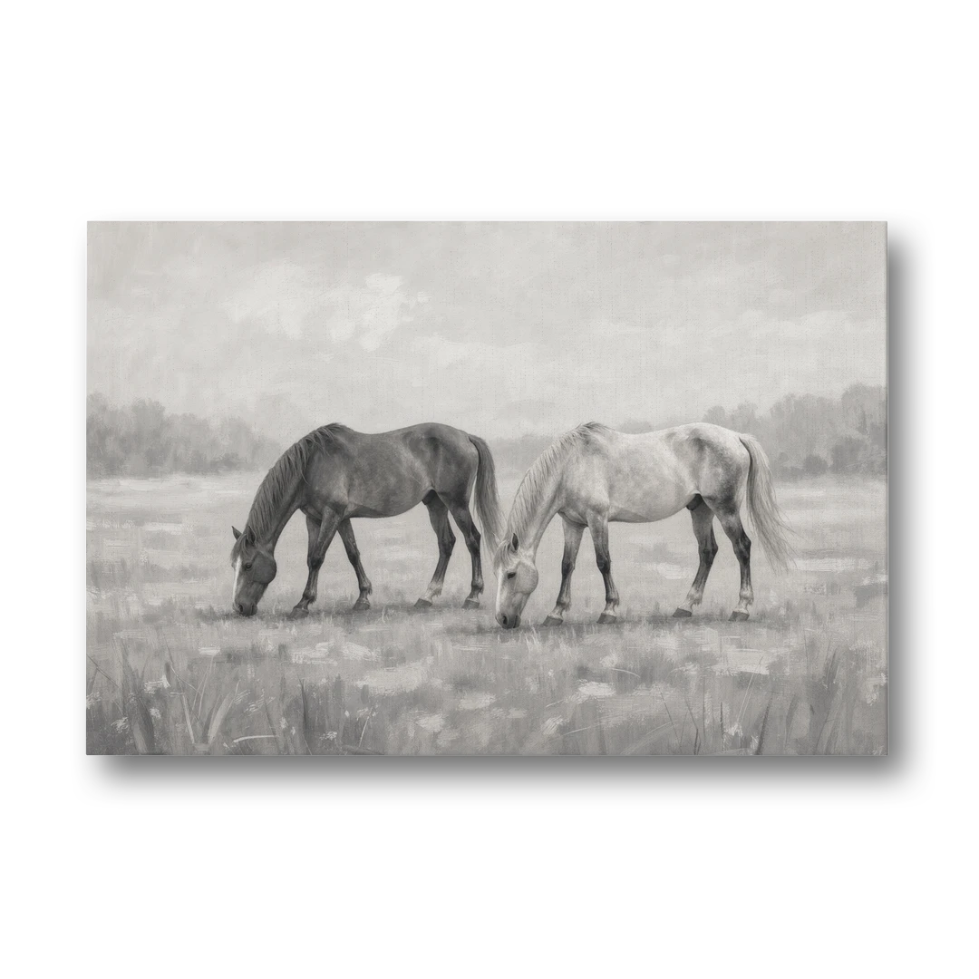Two Horses Grazing in Misty Pasture in Black and White - Canvas Wall Art - Front