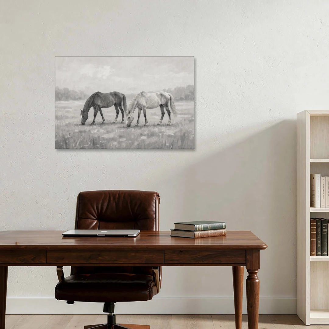 Two Horses Grazing in Misty Pasture in Black and White - Canvas Wall Art - Office - 36x24