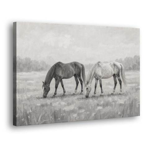 Two Horses Grazing in Misty Pasture in Black and White - Canvas Wall Art