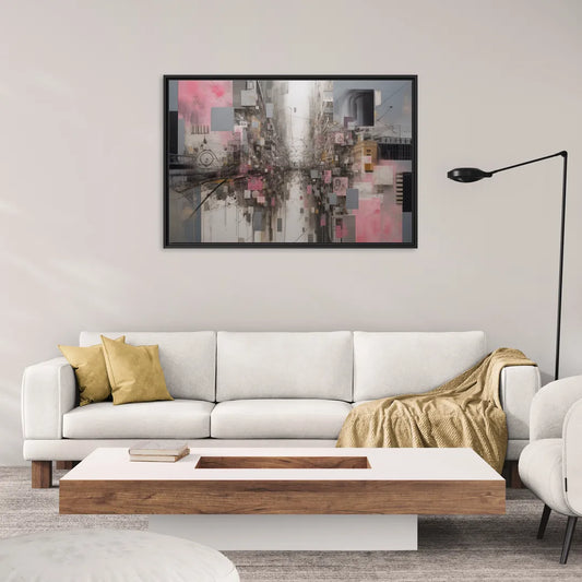 Urban Chaos Pink and Grey Abstract - Living Room Black Frame Canvas