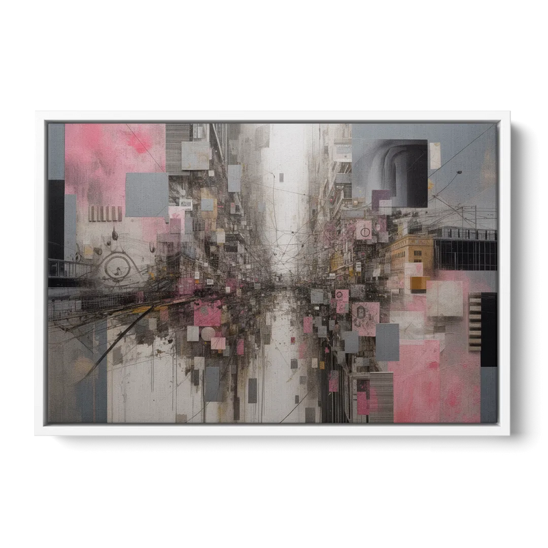 Urban Chaos Pink and Grey Abstract Front - White Canvas Wall Art