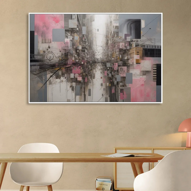 Urban Chaos Pink and Grey Abstract Living Room - White Canvas Wall Art