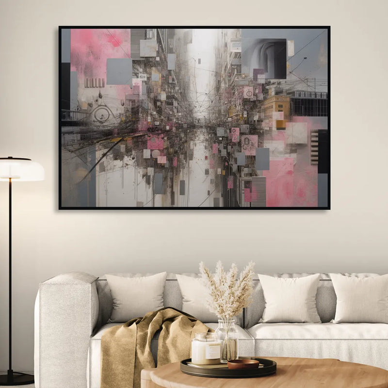 Urban Chaos Pink and Grey Abstract Sitting Room - Black Canvas Wall Art