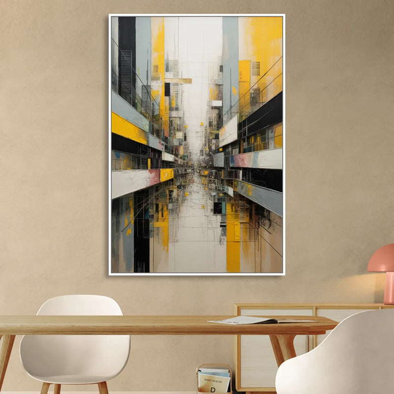 Urban Collage Yellow and Grey Abstract Sitting Room - White Canvas Wall Art