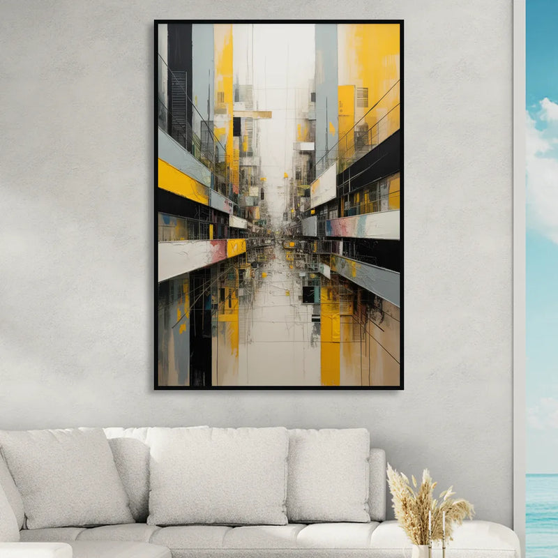 Urban Collage Yellow and Grey Abstract Sitting Room - Black Canvas Wall Art