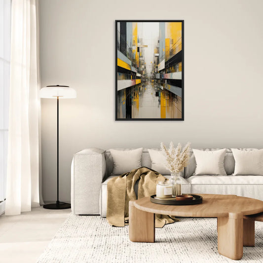 Urban Collage Yellow and Grey Abstract - Living Room Black Frame Canvas