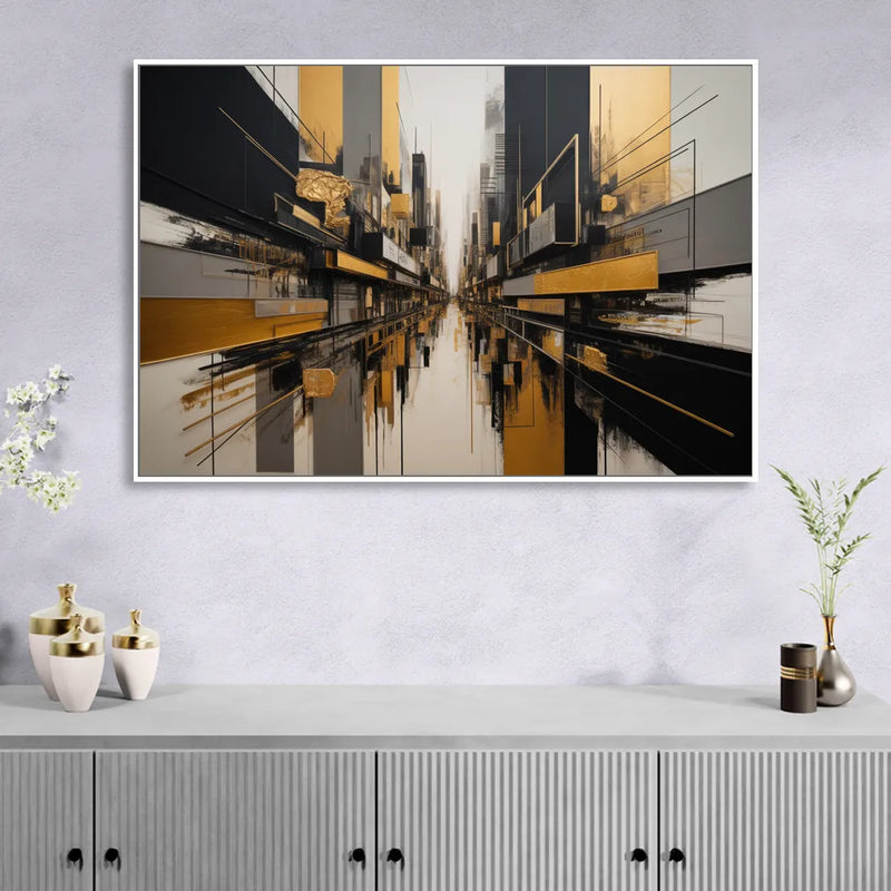 Urban Elegance in Black and Gold Abstract Living Room - White Canvas Wall Art