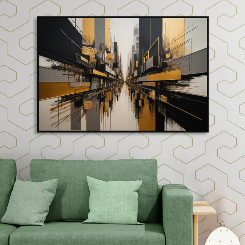 Urban Elegance in Black and Gold Abstract Sitting Room - Black Canvas Wall Art