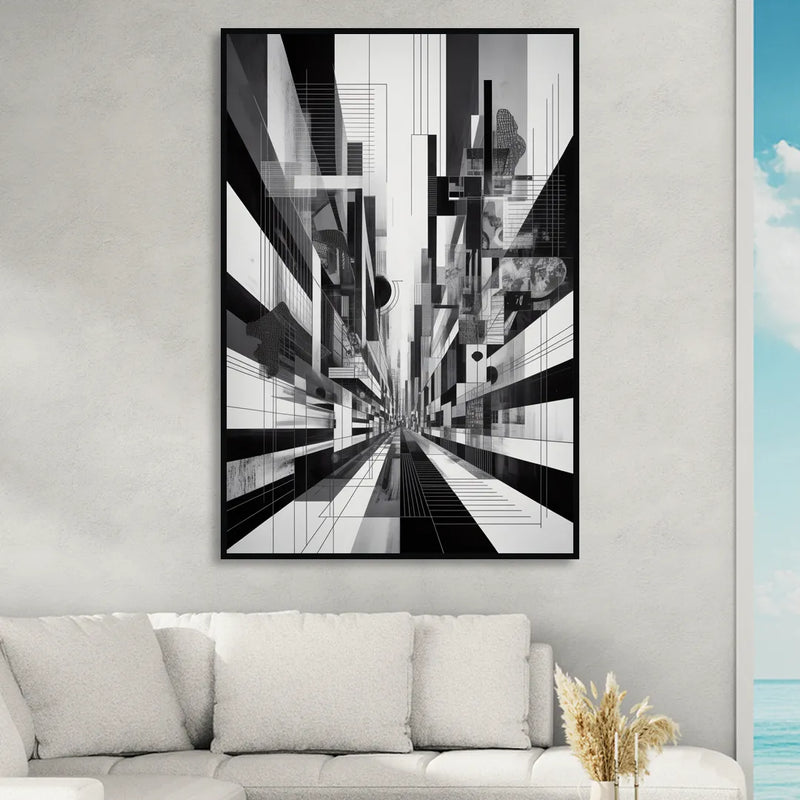 Urban Energy Black and White Abstract Living Room - Black Canvas Wall Art