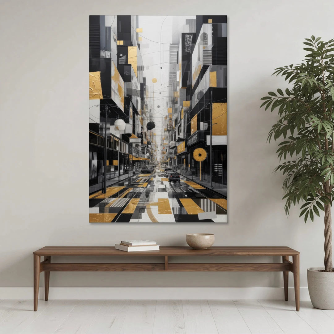 Urban Fragmented Elegance Black White and Gold Abstract - Canvas Wall Art - Coffee Table - 40x60