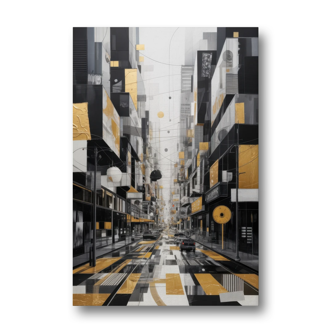 Urban Fragmented Elegance Black White and Gold Abstract - Canvas Wall Art - Front