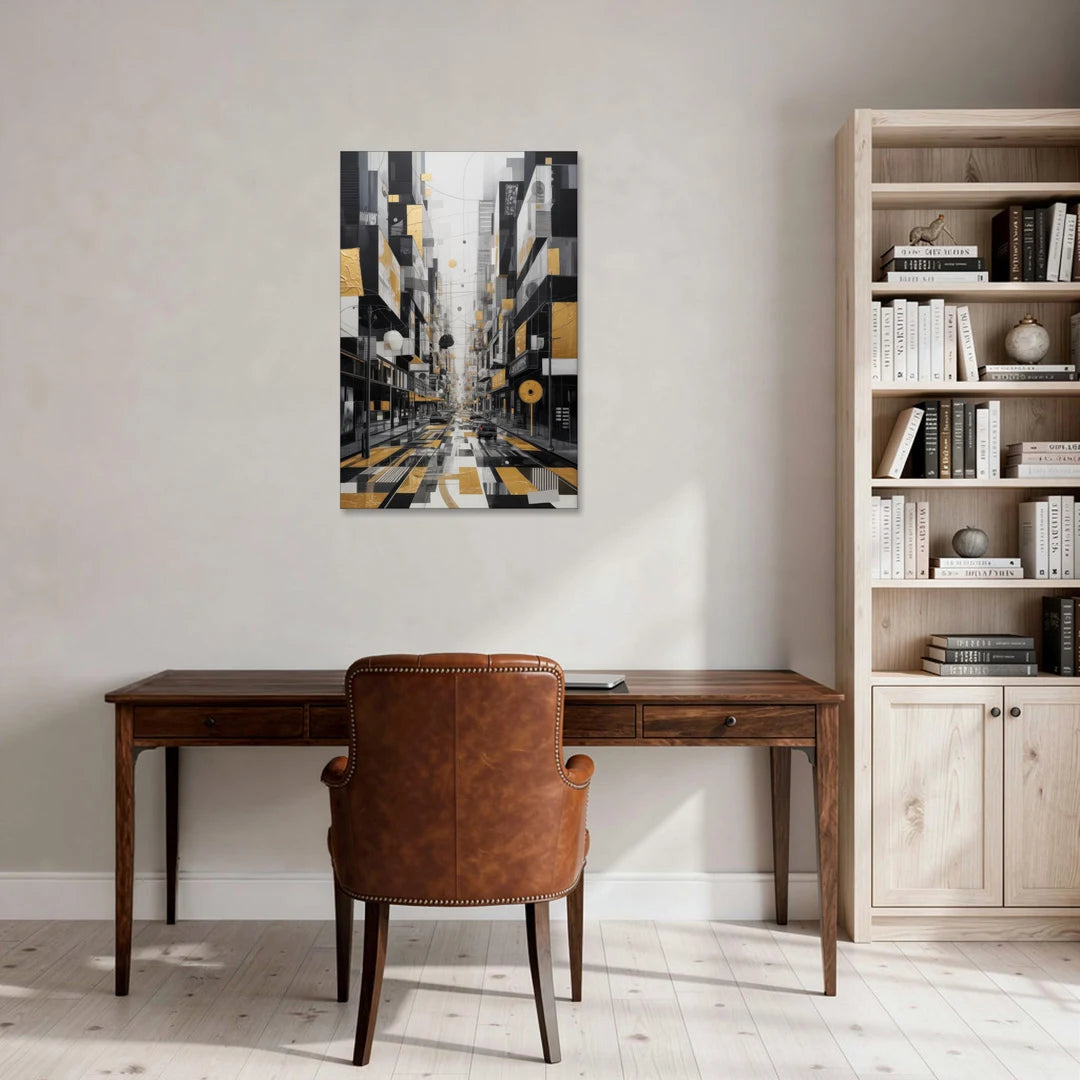 Urban Fragmented Elegance Black White and Gold Abstract - Canvas Wall Art - Office - 24x36