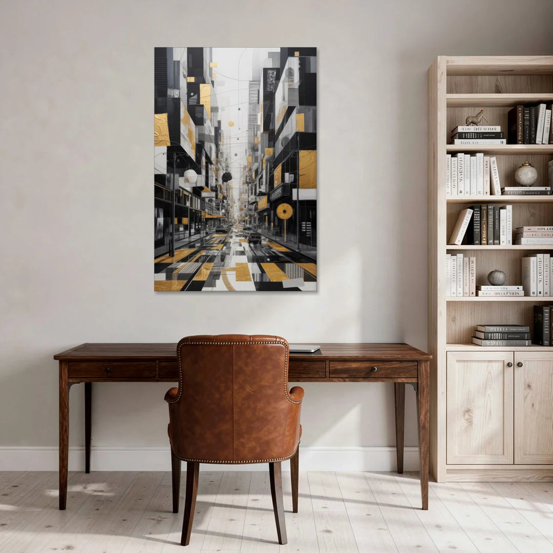 Urban Fragmented Elegance Black White and Gold Abstract - Canvas Wall Art - Office - 32x48