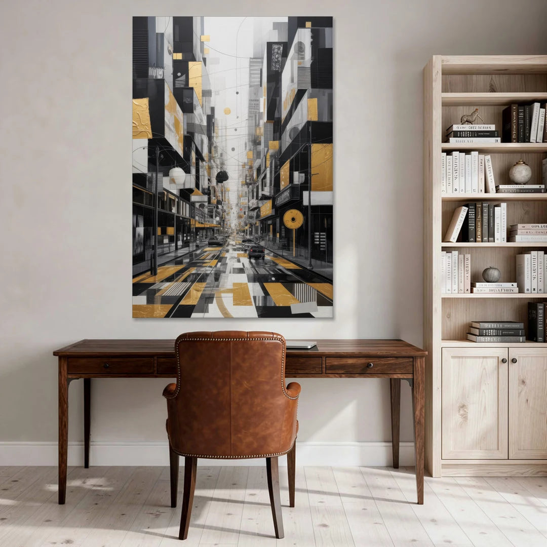 Urban Fragmented Elegance Black White and Gold Abstract - Canvas Wall Art - Office - 40x60