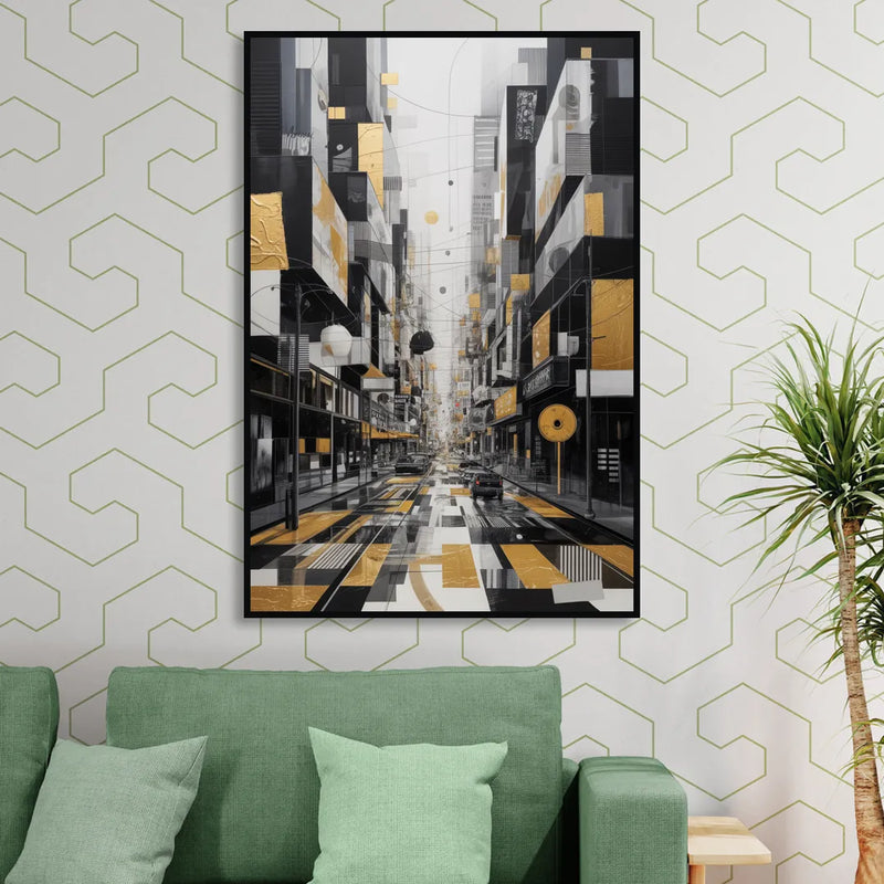 Urban Fragmented Elegance Black White and Gold Abstract Sitting Room - Black Canvas Wall Art