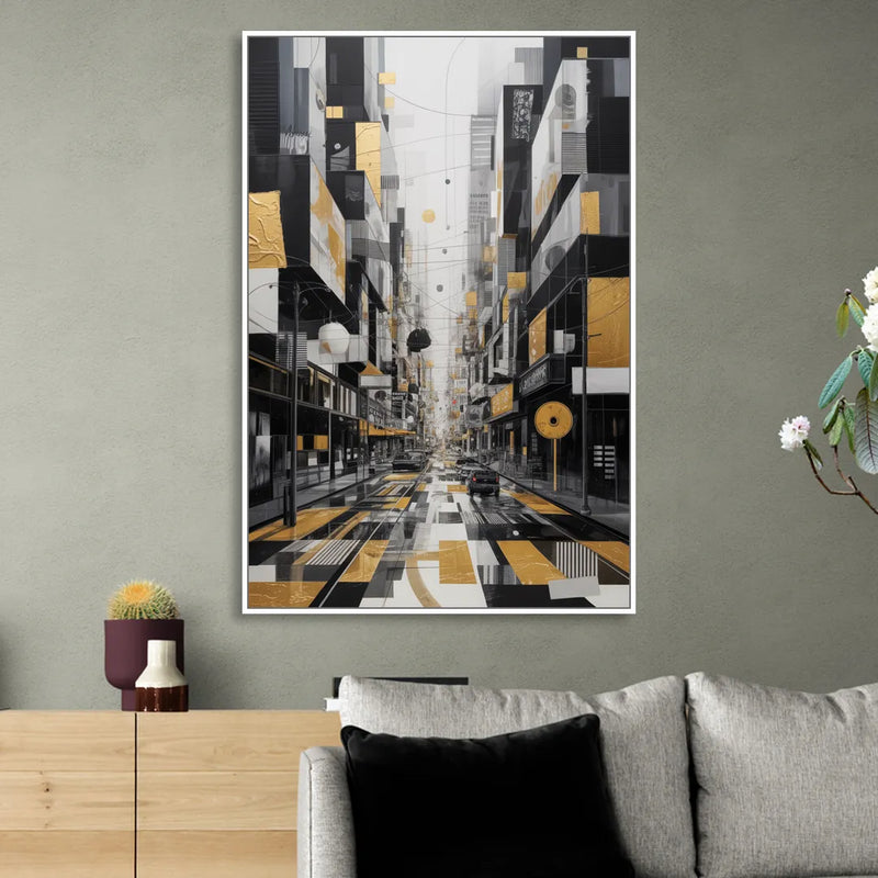 Urban Fragmented Elegance Black White and Gold Abstract Sitting Room - White Canvas Wall Art